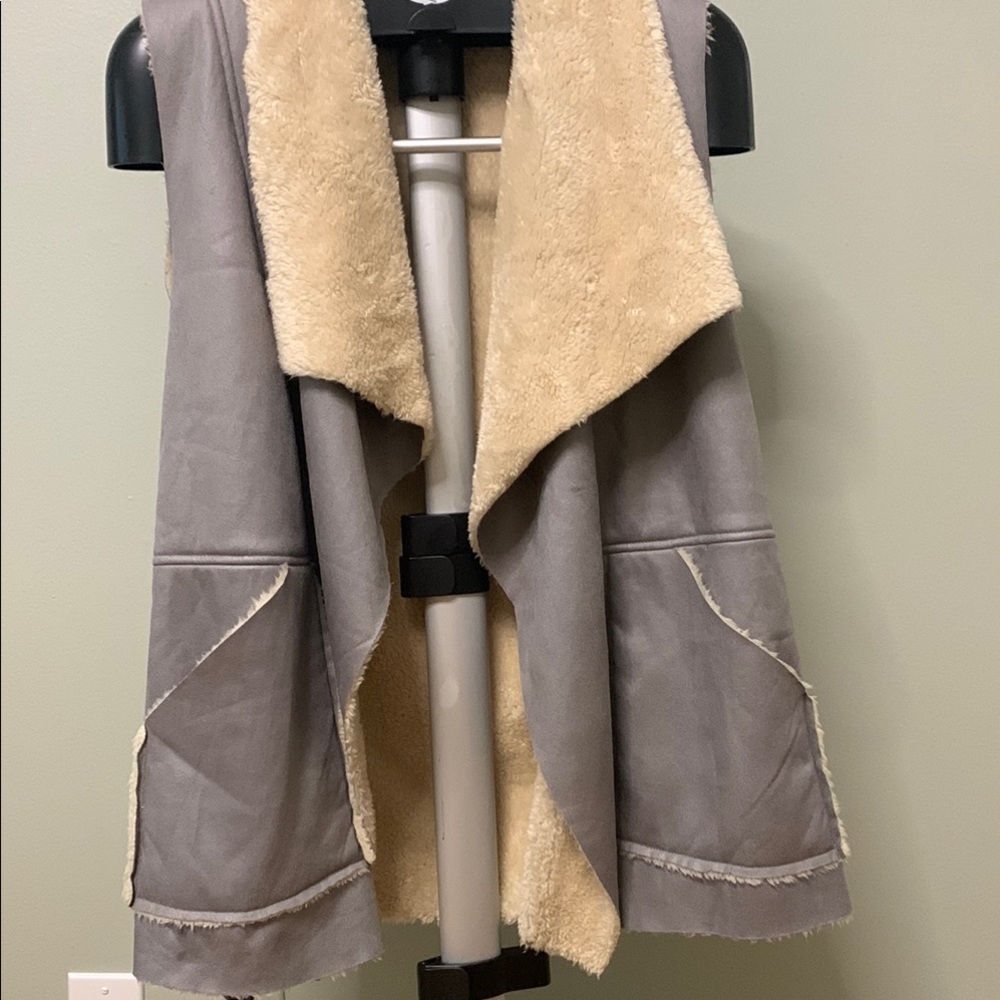 Gray and Cream Shearling Vest with Open Front Design